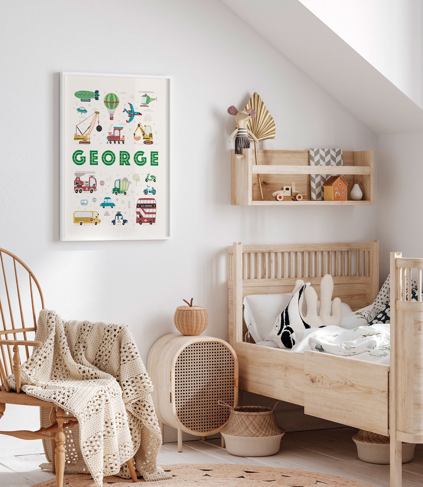 Elegant wall art featuring a personalized transport-themed name print &#39;george&#39; in a green colour palette with playful vehicle illustrations, framed and ready for nursery decor.