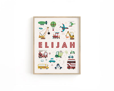 Nursery wall with a 8x10&quot; wooden framed personalized transport-themed name print &#39;ELIJAH&#39; with vibrant illustrations of vehicles and playful typography.&quot;