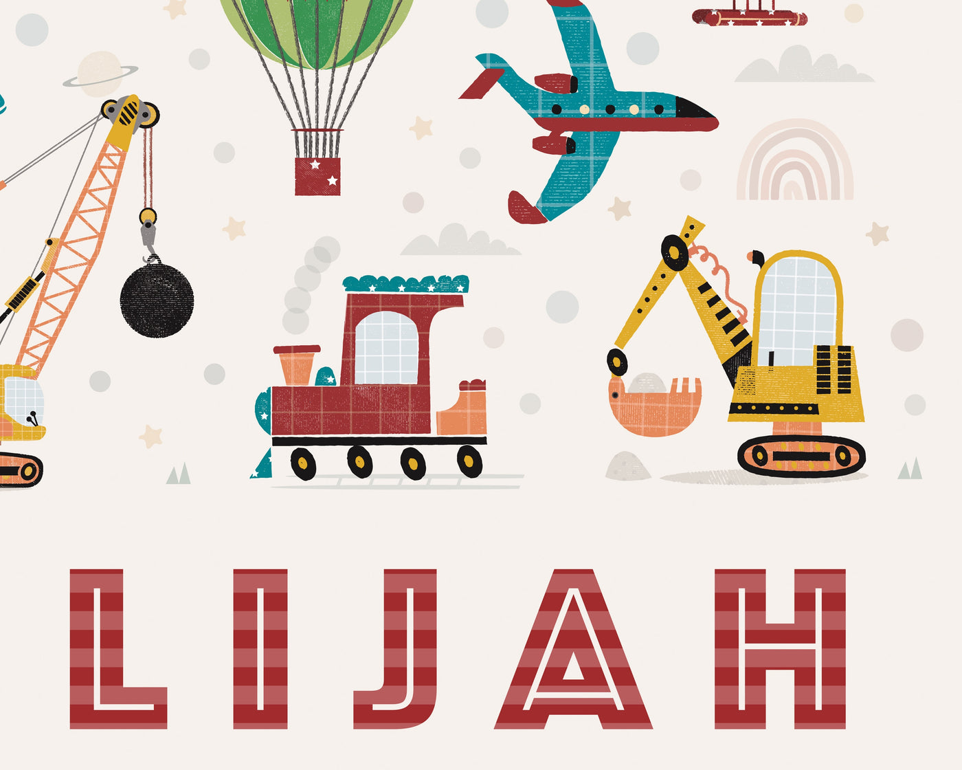 Close-up of a custom transport-themed name print &#39;ELIJAH&#39; with vibrant illustrations of vehicles and playful typography.