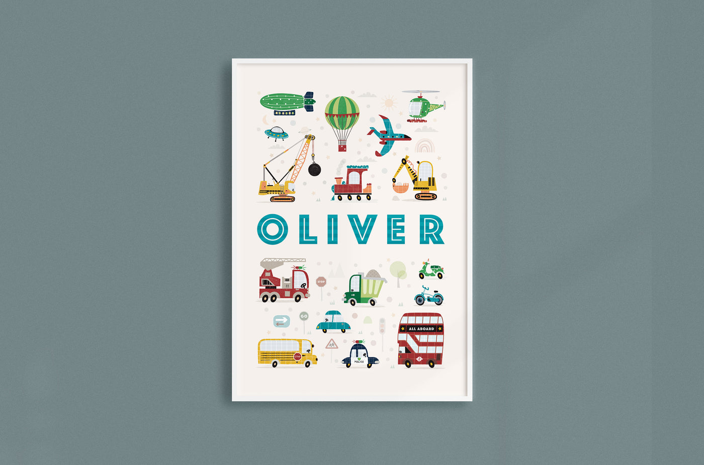 Boys Personalised Transport Print | Nursery Name Decor with Vehicles