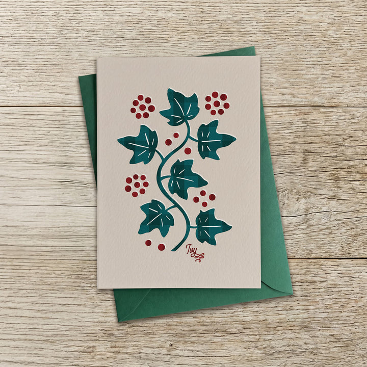 Contemporary ivy Christmas card with illustrated ivy foliage