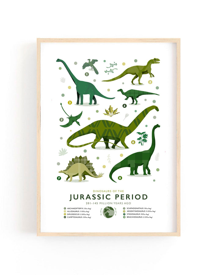 A framed print of Jurassic era dinosaurs, part of the 'A Journey Through Time' collection, showing gentle giants like the Brachiosaurus and Stegosaurus.