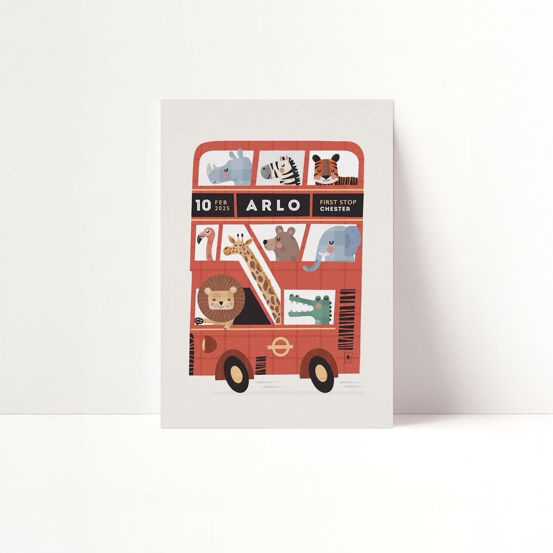 Personalised London Bus Print‚ Custom Kids Poster | Red Double Decker Bus Wall Art
