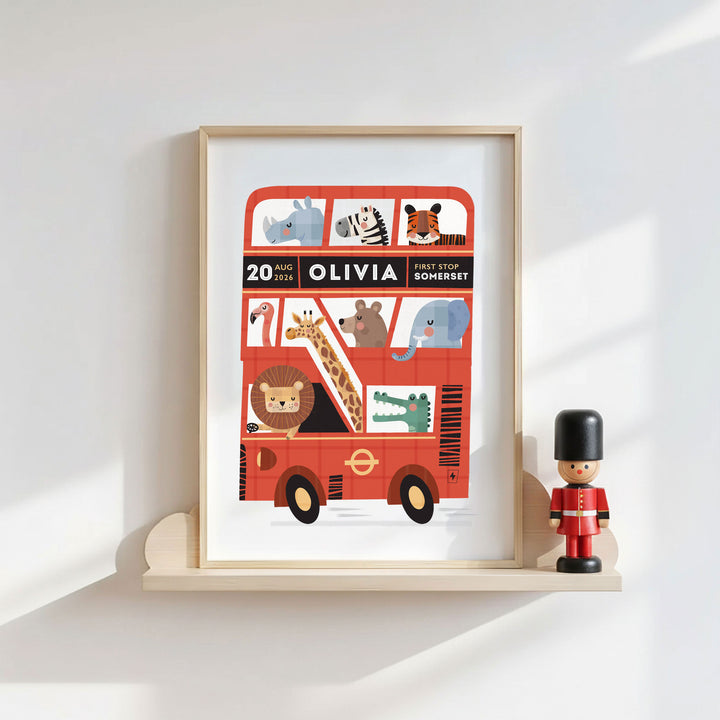 Personalised London Bus Print‚ Custom Kids Poster | Red Double Decker Bus Wall Art