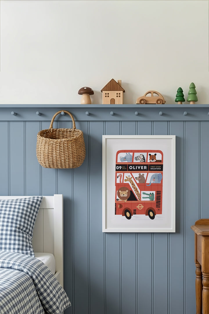 Personalised London Bus Print‚ Custom Kids Poster | Red Double Decker Bus Wall Art