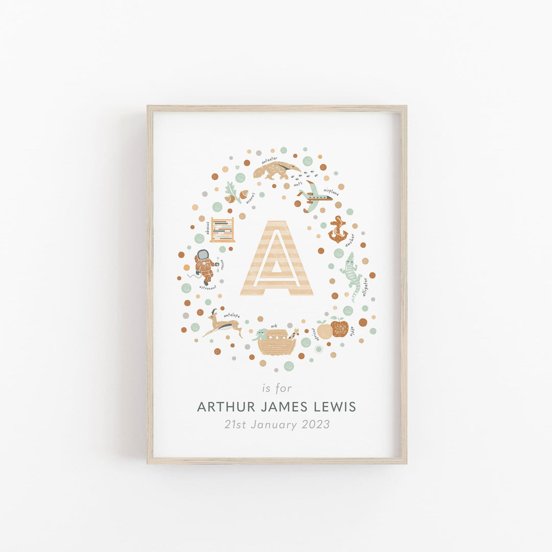 Personalised Initial Letter A Print – Custom Name Art for Baby Nursery & Kids Room