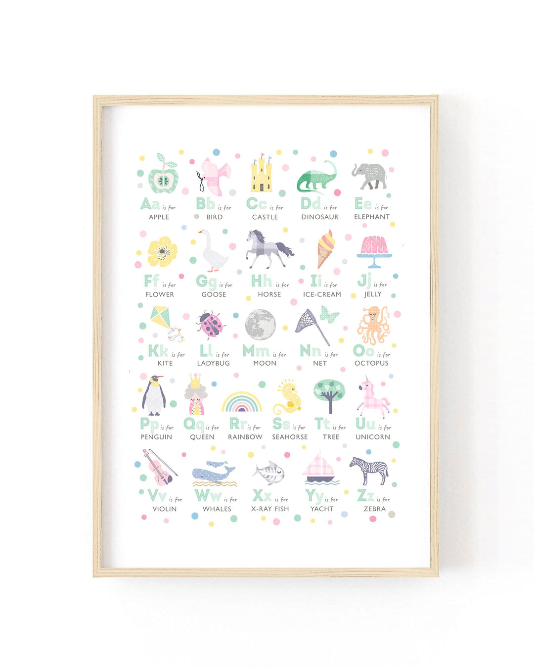 A framed children's alphabet art print featuring whimsical watercolor illustrations of animals and objects paired with their corresponding alphabet letters, shown in a light wood frame against a white wall.