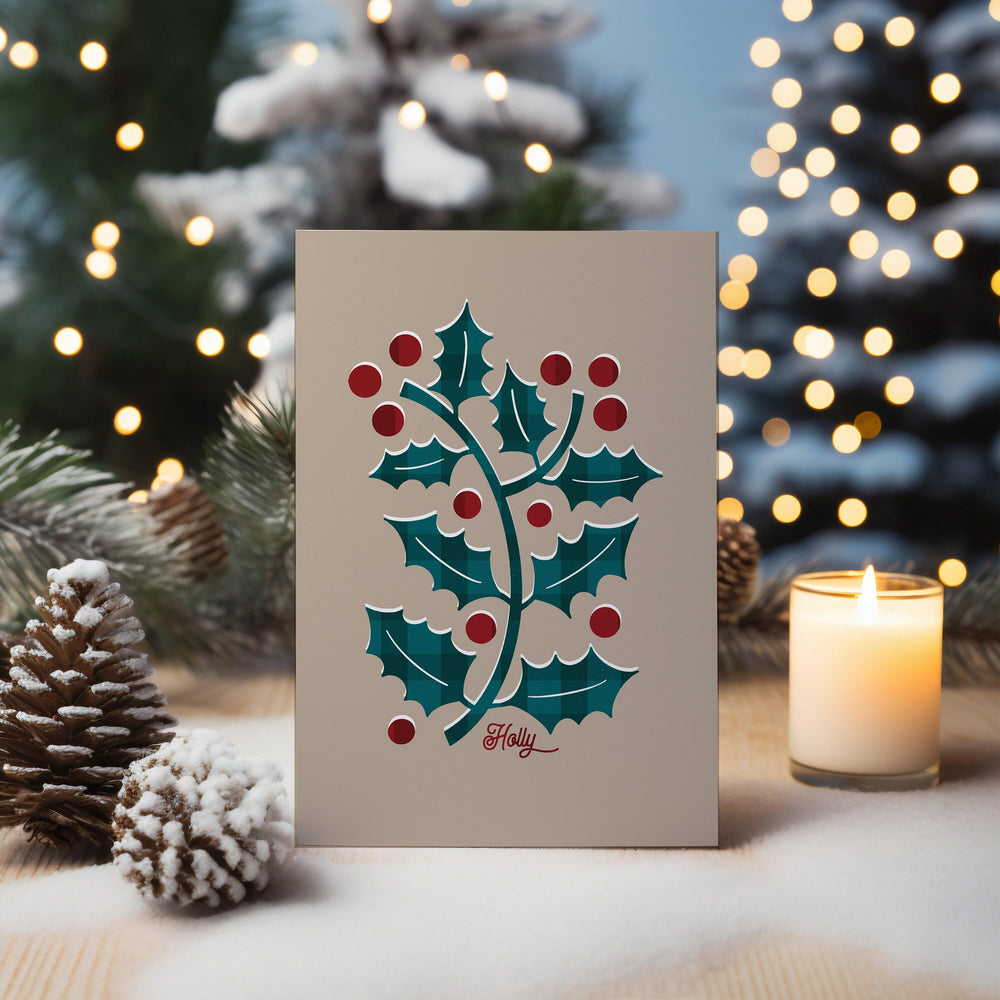 Modern Luxury Folk Holly Christmas Card - PaperPaintPixels