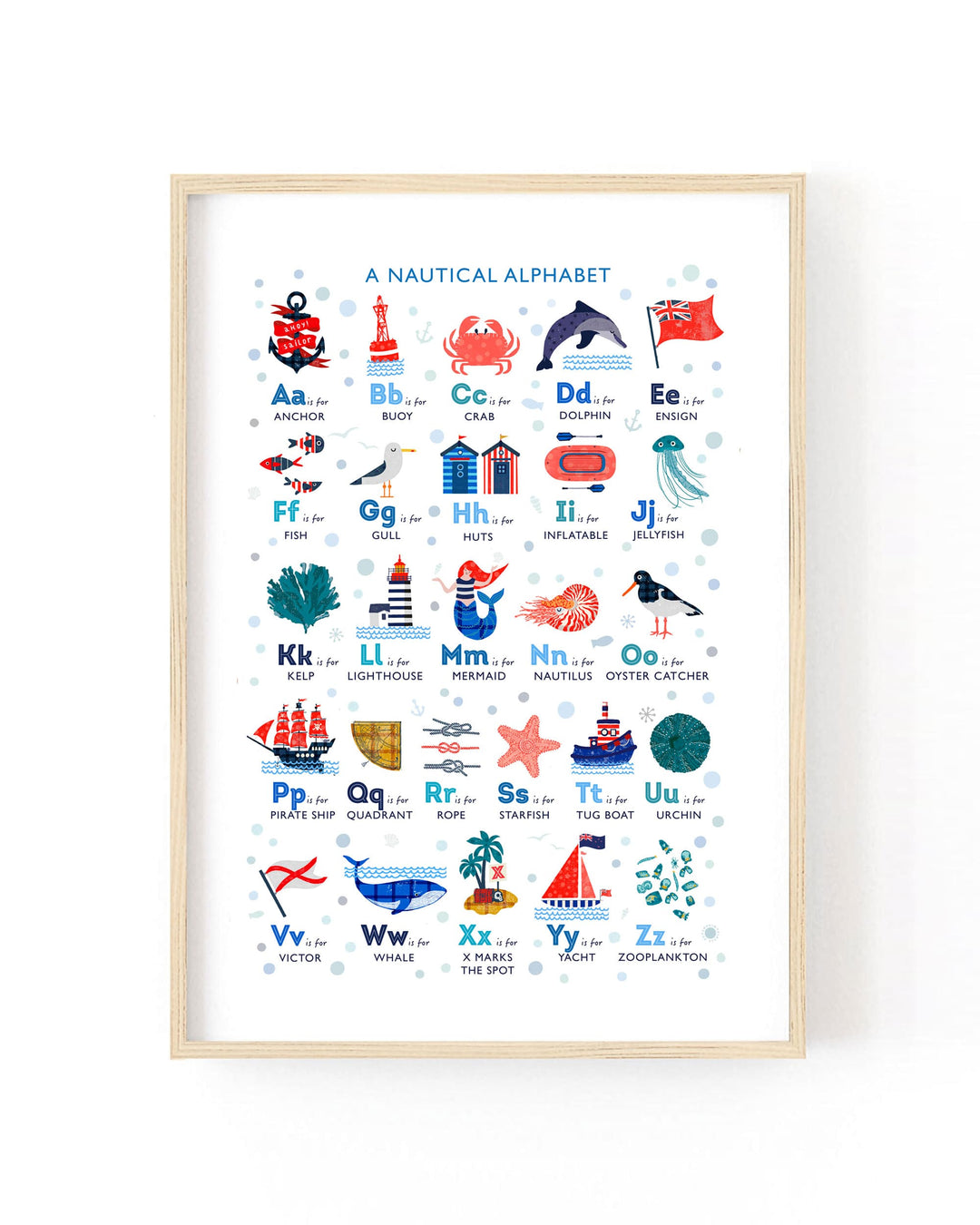 A framed 'Nautical Alphabet' art print featuring colorful illustrations of letters with nautical-themed words and icons, set in a light wood frame against a white background.