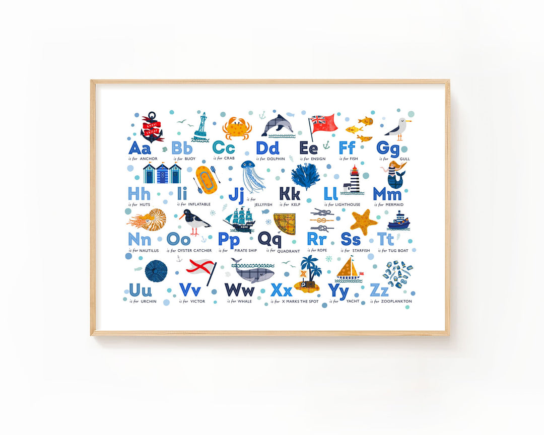 A framed alphabet art print featuring colorful educational illustrations for the alphabet, including letters, words, and sea and land animals, displayed on a clean white wall.