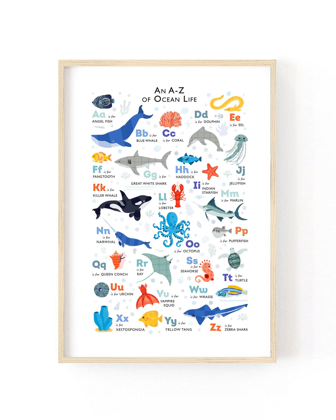 A framed educational children's poster titled 'An A-Z of Ocean Life' featuring colorful illustrated sea creatures and letters on a white background, shown in a light wood frame against a white wall.