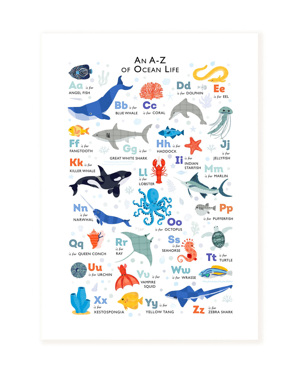 An A-Z ocean life educational poster featuring colorful illustrations of marine animals and fish with their corresponding alphabet letters and names, shown on a white background with a subtle drop shadow.
