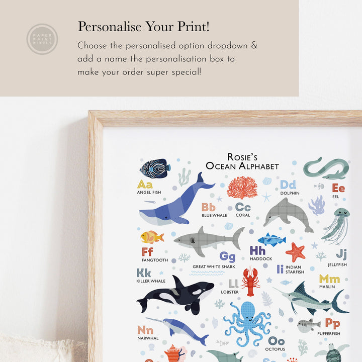 Ocean Animals Alphabet Print | Sea Life ABC Poster - PaperPaintPixels
