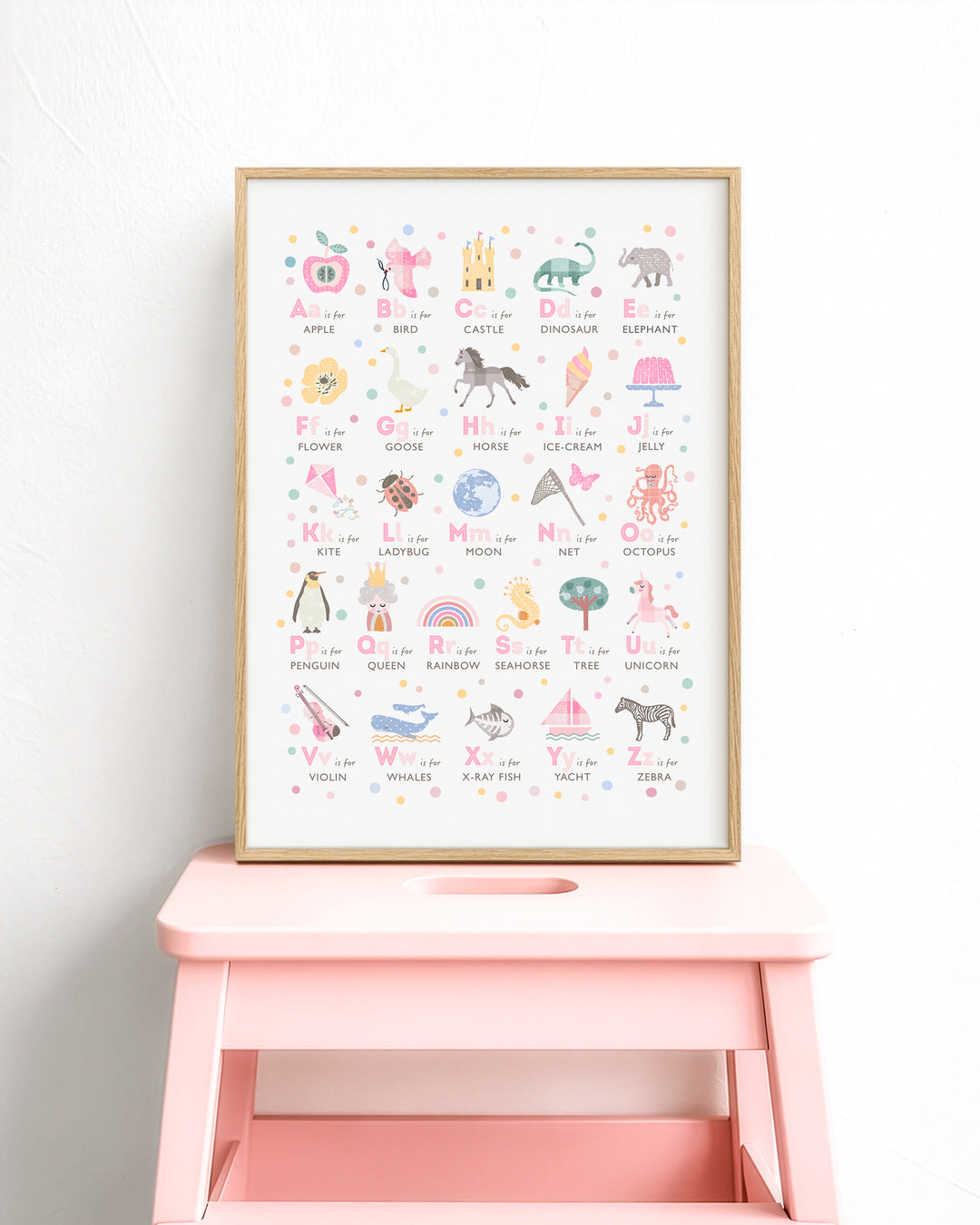 Framed pink girls alphabet poster with illustrations on a pink stool against a white wall