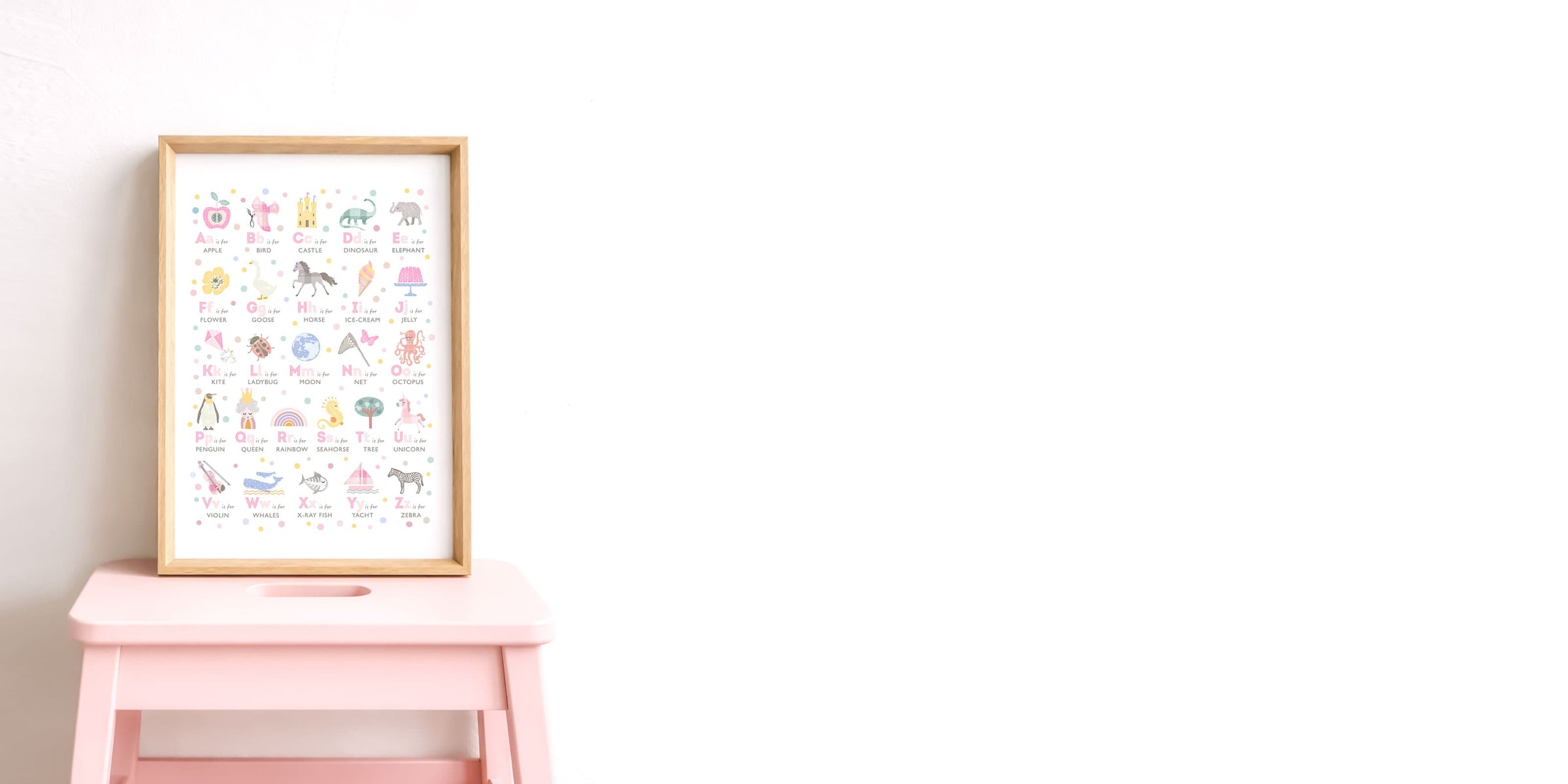 Framed poster with illustrations on a pink stool against a white background