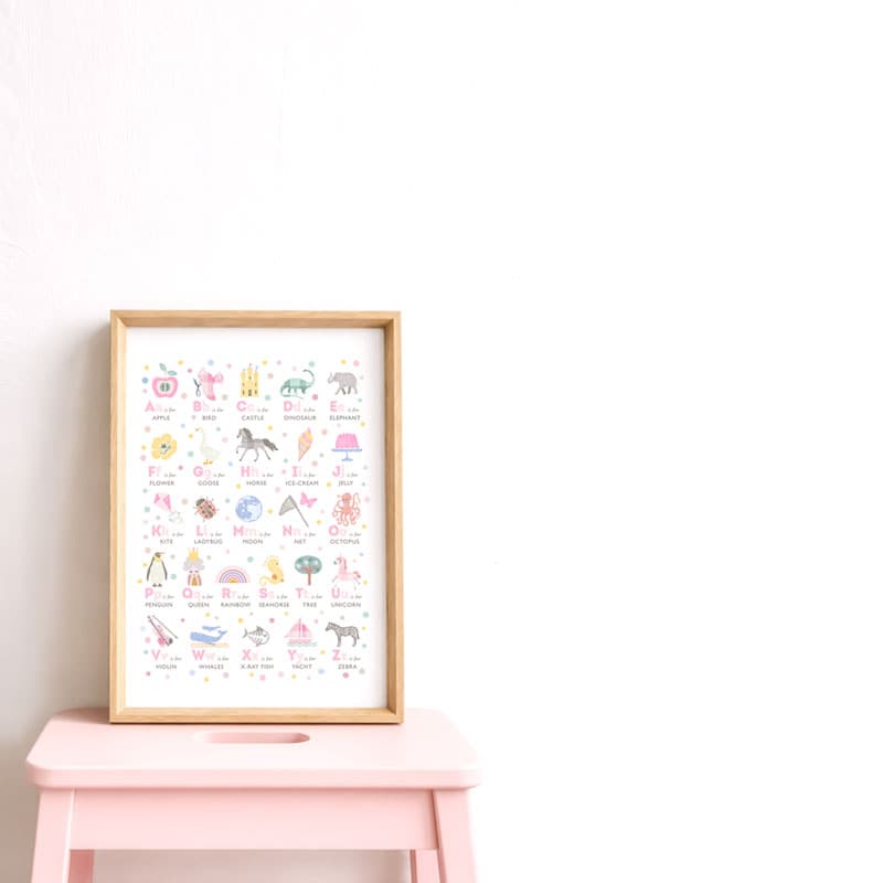 Framed alphabet poster with illustrations on a pink stool against a white wall