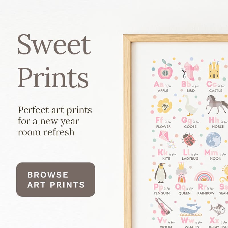 Framed alphabet art prints with colorful illustrations on a white background, featuring the text 'Sweet Prints'.