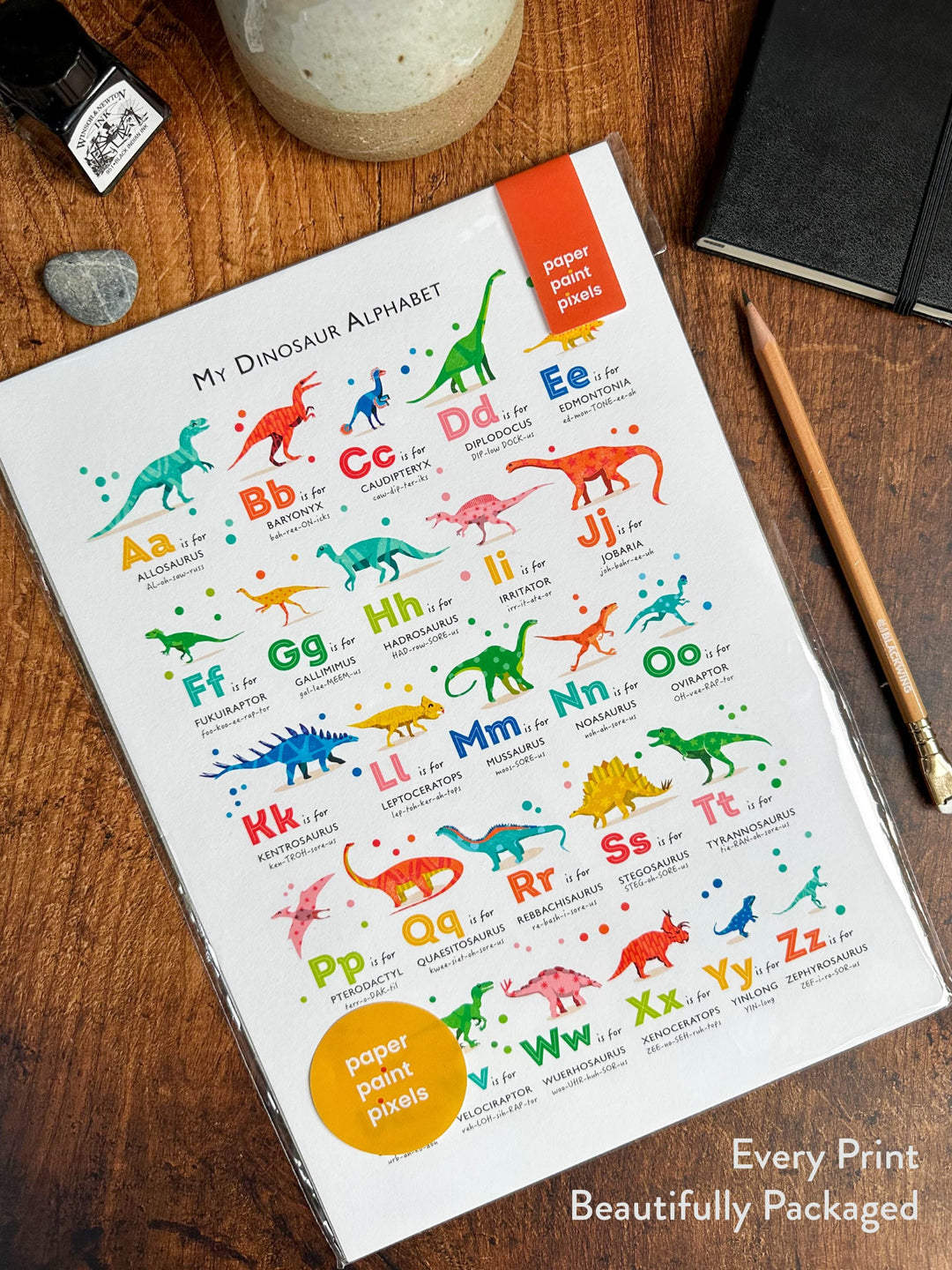Dinosaur Alphabet Print, Every Print Beautifully Packaged, PaperPaintPixels Somerset