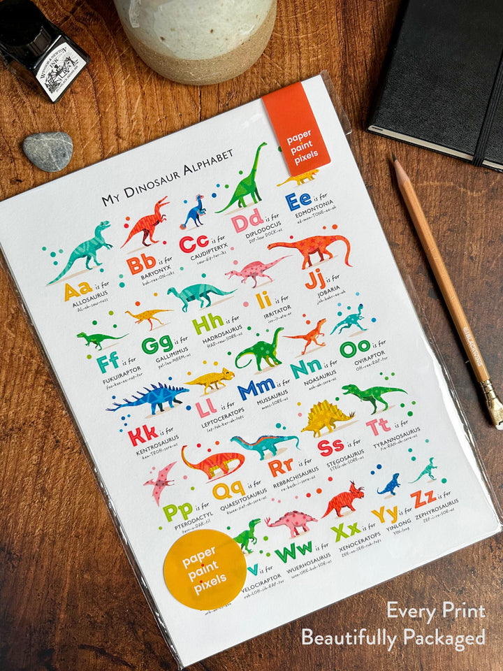 Dinosaur Alphabet Print, Every Print Beautifully Packaged, PaperPaintPixels Somerset