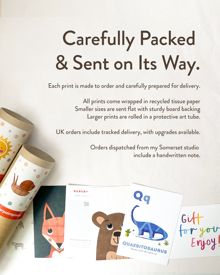 Text describing careful packing and sending of prints, with two wrapped paper rolls and several printed cards shown on a light background. The cards feature animal illustrations and playful text, including a fox, a blue dinosaur, and a colorful &