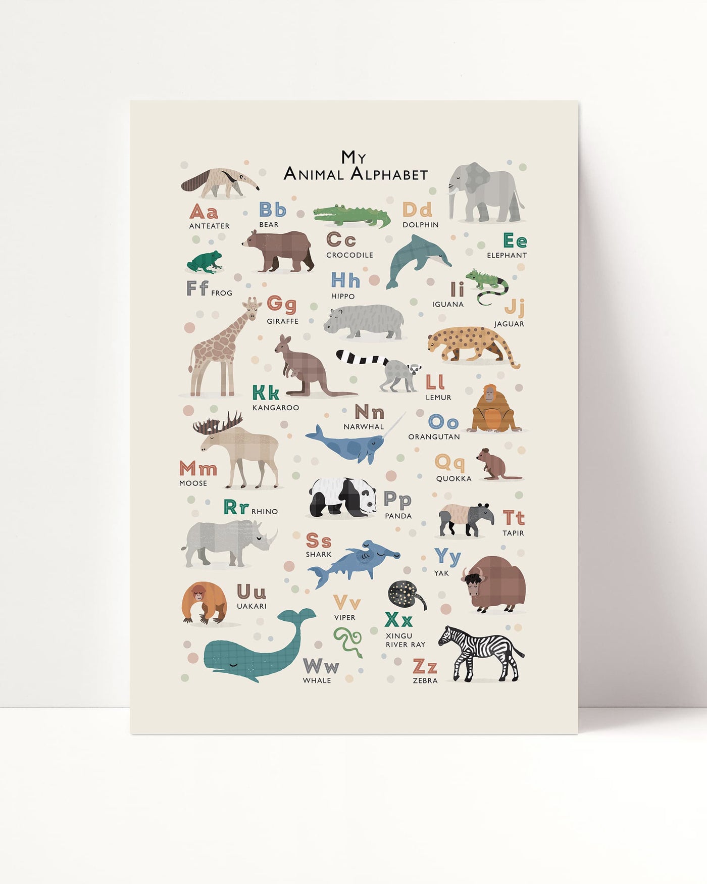 The Animal Alphabet print standing upright, presented against a plain background, highlighting the full range of colorful animal illustrations and corresponding alphabet letters.