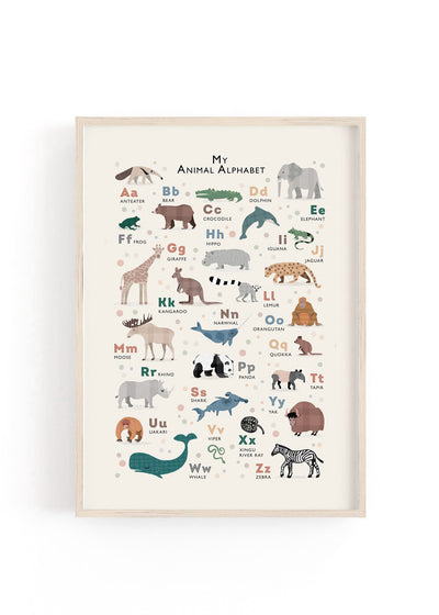An A4-sized print of an Animal Alphabet, displaying beautifully illustrated animals for each letter of the alphabet in soft, gender-neutral colors, framed in natural wood and ready for wall mounting.