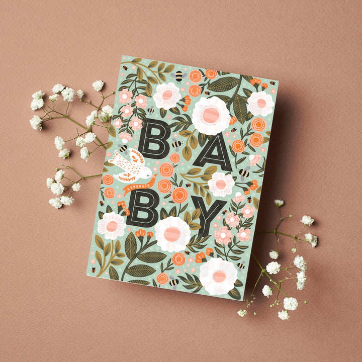 Floral New Baby Card- Sage Green