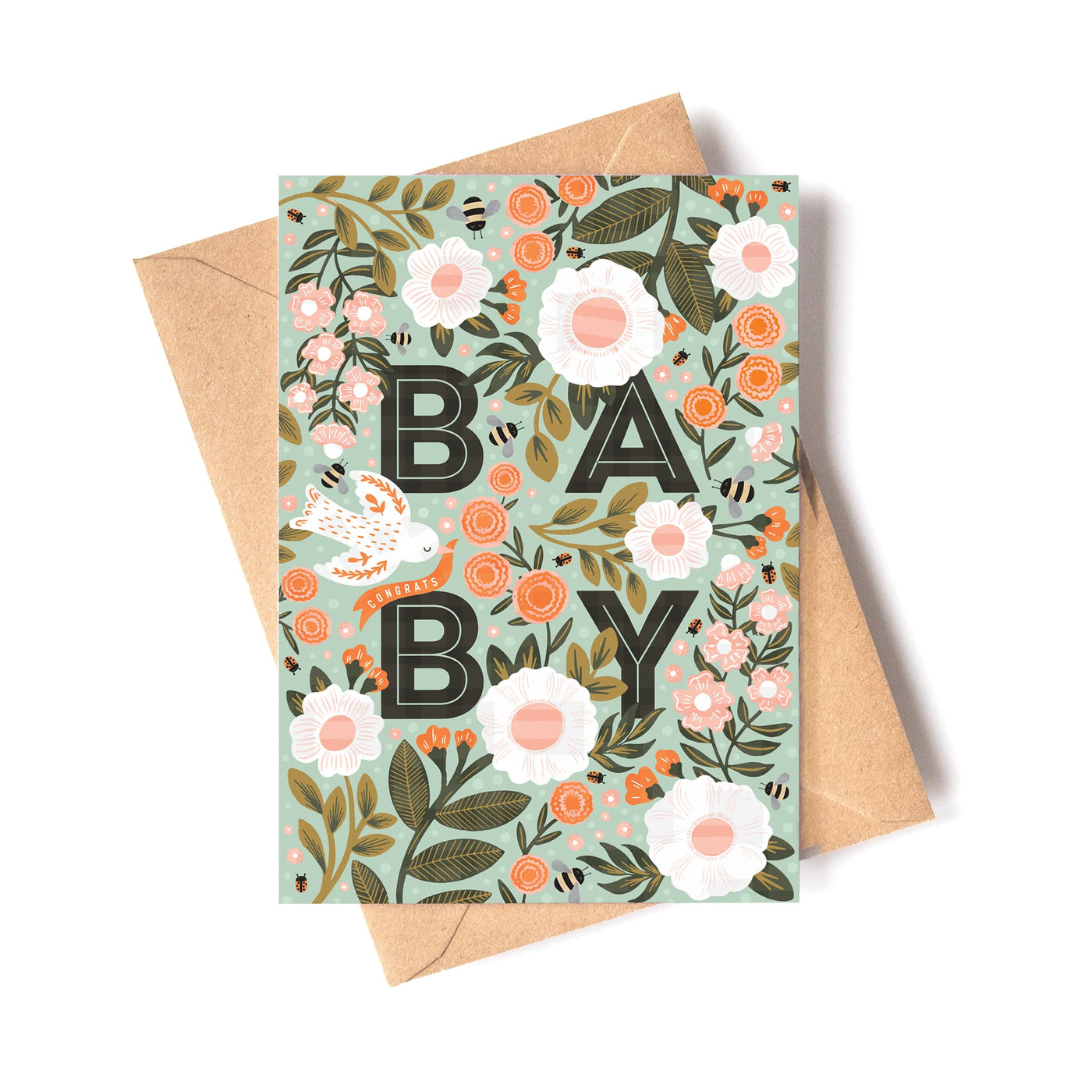 The image shows a Floral New Baby Card  and kraft envelope.The illustration on the card features large white peonies and foliage wound around the bold letters of baby, along with some birds, bees and bugs
