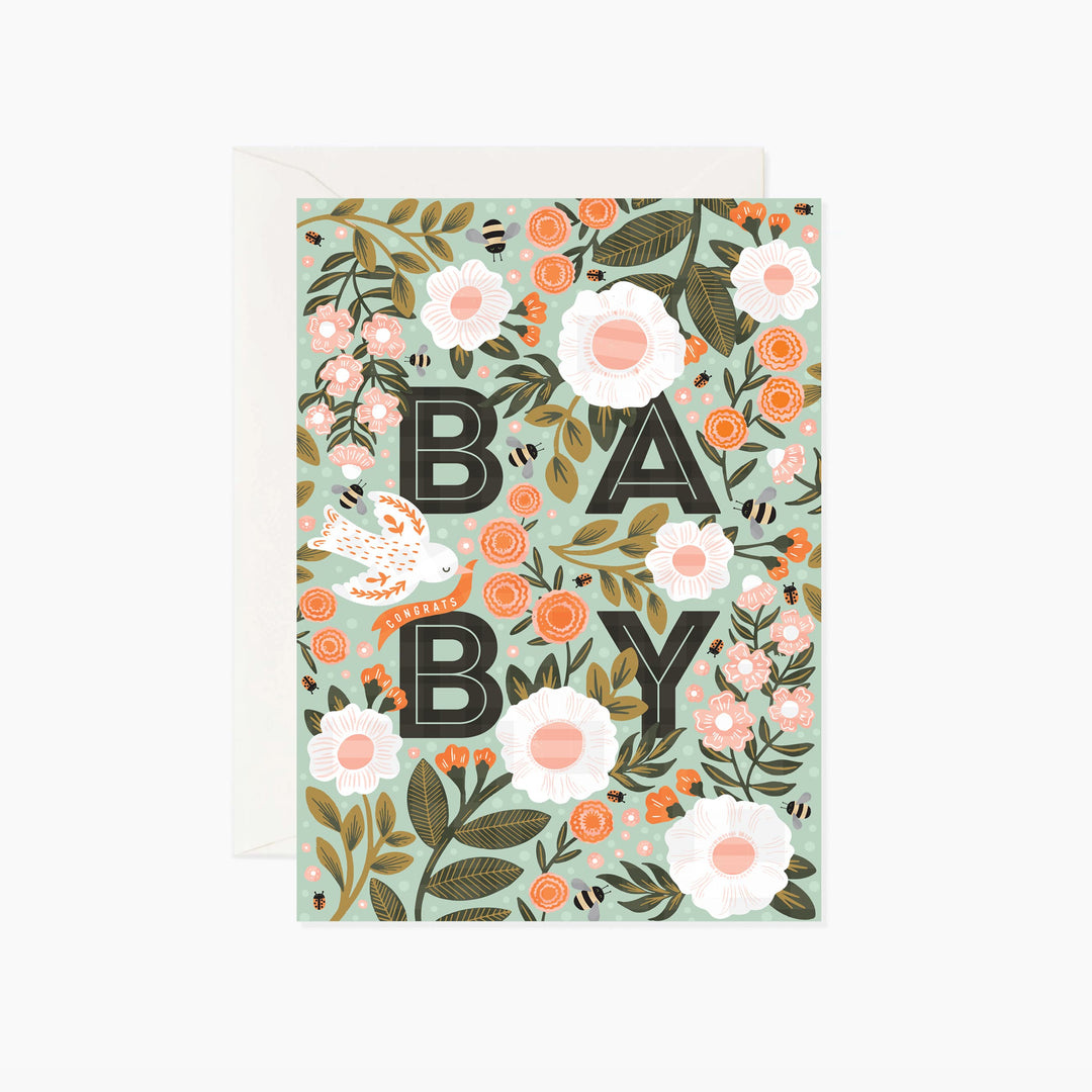 Floral New Baby Card- Sage Green