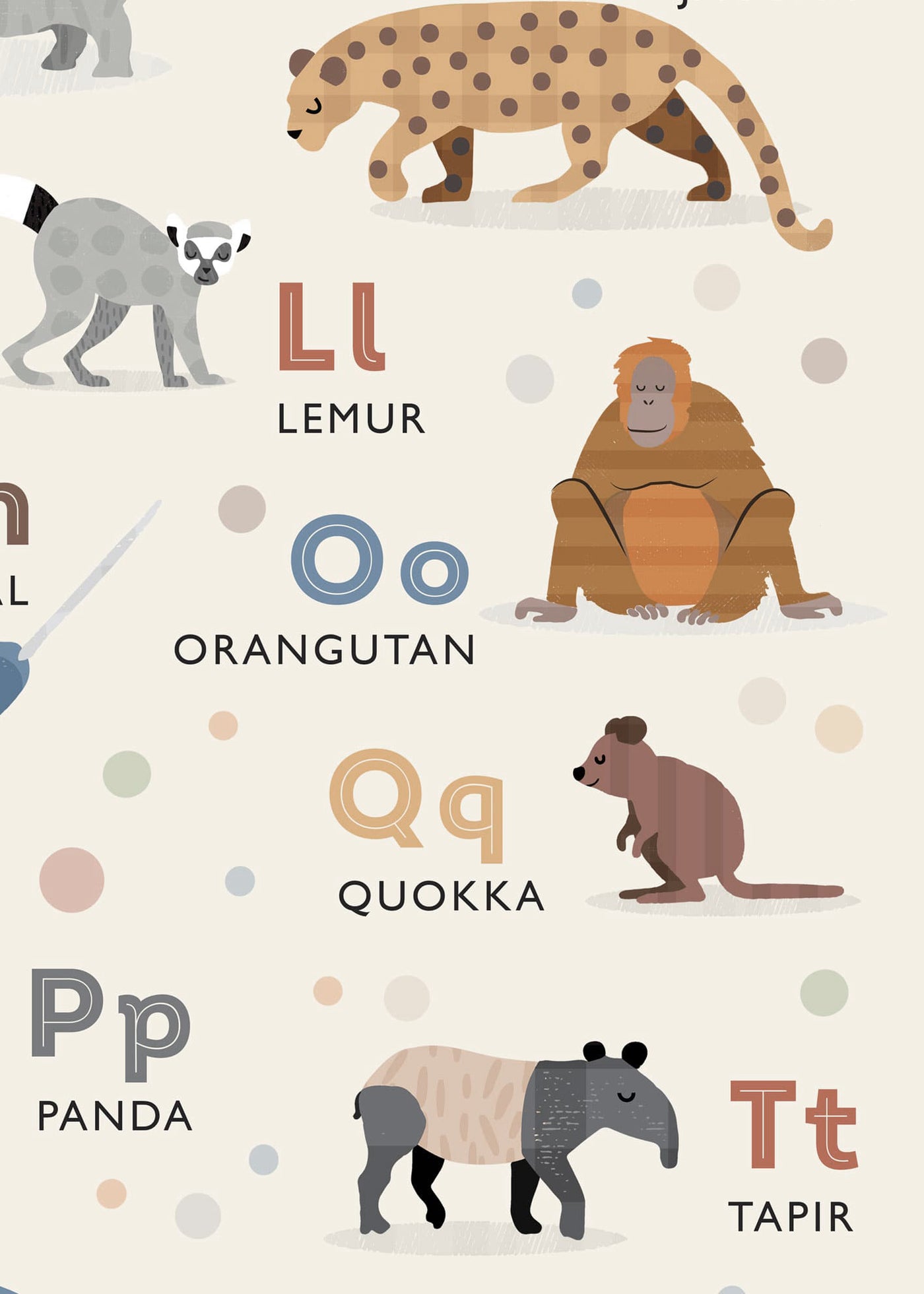 A close-up view of the Animal Alphabet print showcasing the detailed illustrations of a lemur, orangutan, quokka, and tapir, with alphabet letters in a clean, modern typeface.