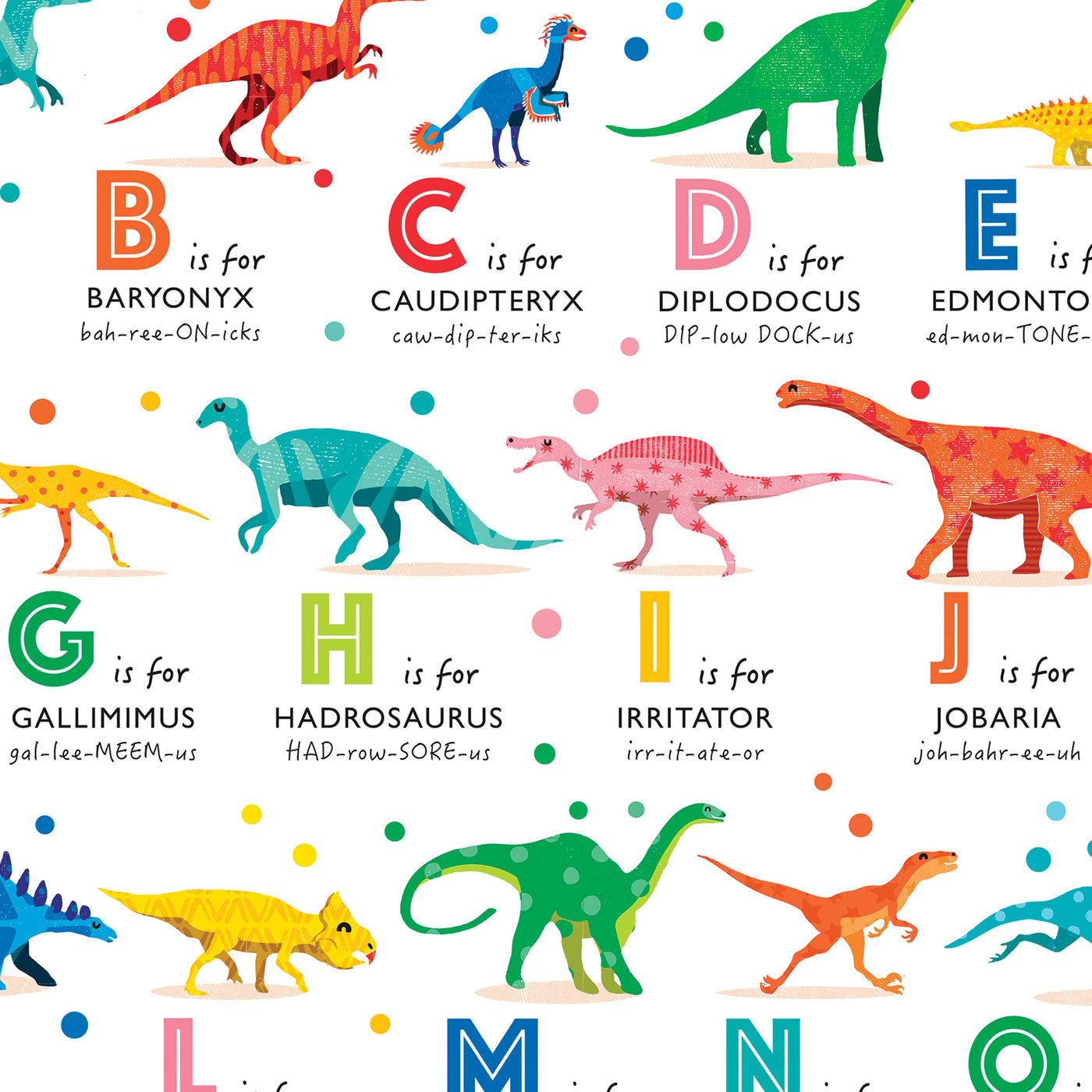 Bright Rainbow Dinosaur A-Z Print for Boys and Girls.