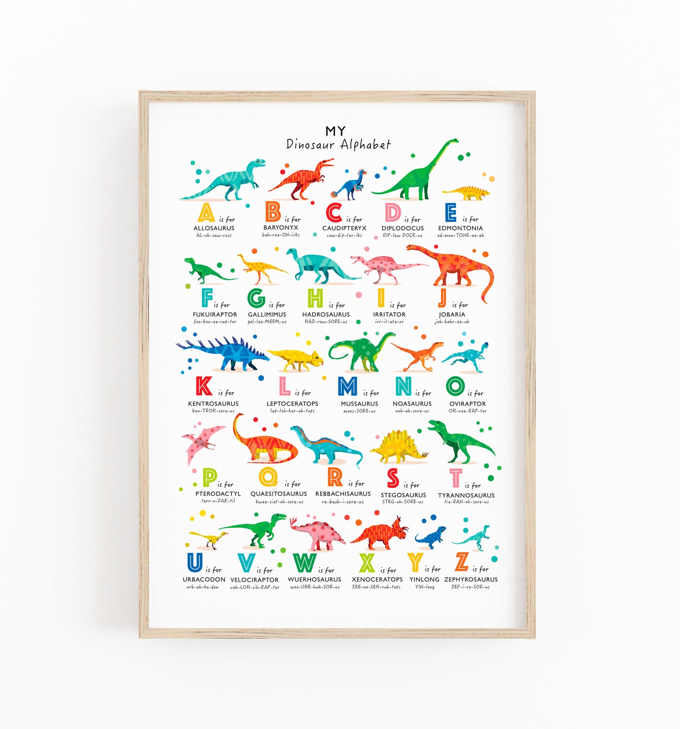 A photo of an illustrated dinosaur alphabet in a wooden frame. The dinosaur illustrations are in bright rainbow colours. 