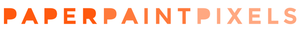 text logo with words paperpaintpixels in 3 different shades of orange