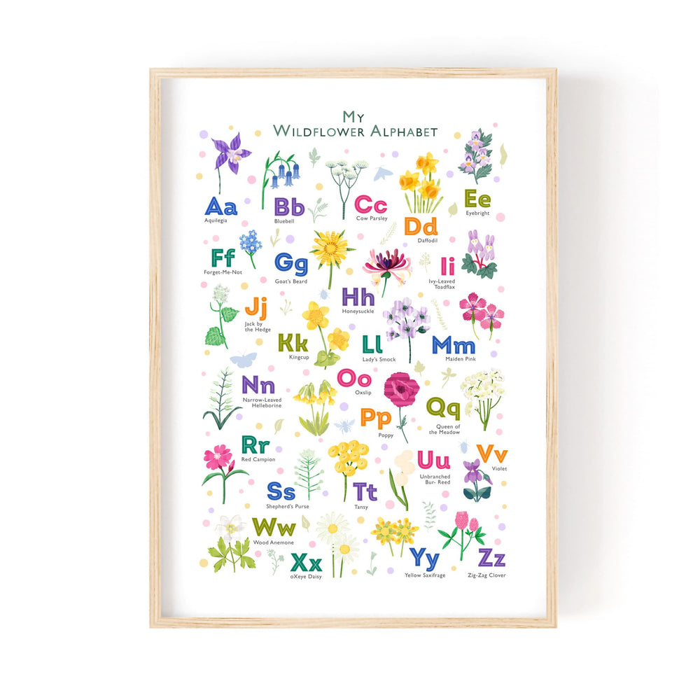 Close-up image of the personalized wildflower alphabet print in a wooden frame featuring delicate illustrations of wildflowers corresponding to each letter of the alphabet.