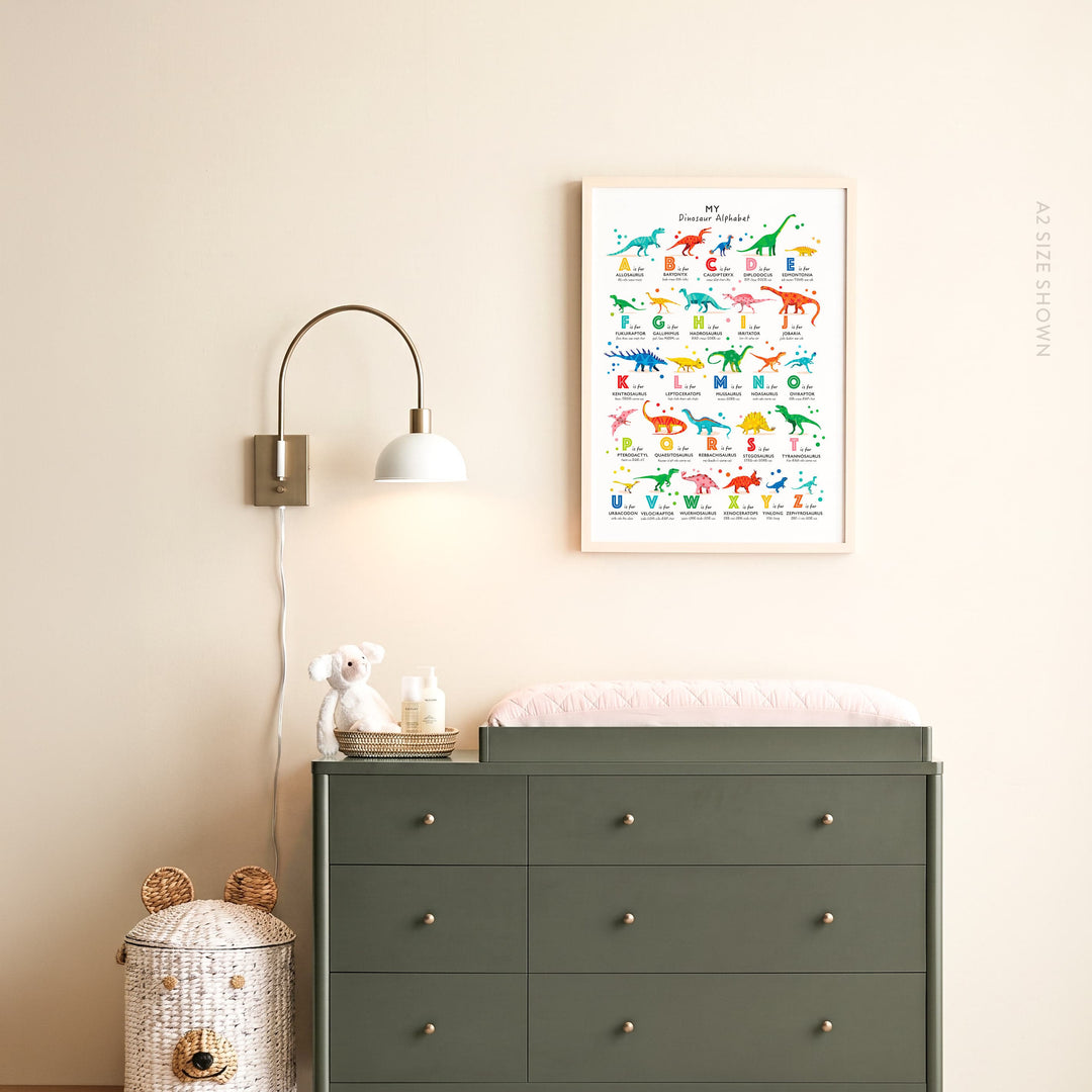 A framed dinosaur educational poster hangs on a beige wall above a dark green dresser in a styled nursery setting, with a wall lamp, small decor items, and a patterned storage container.