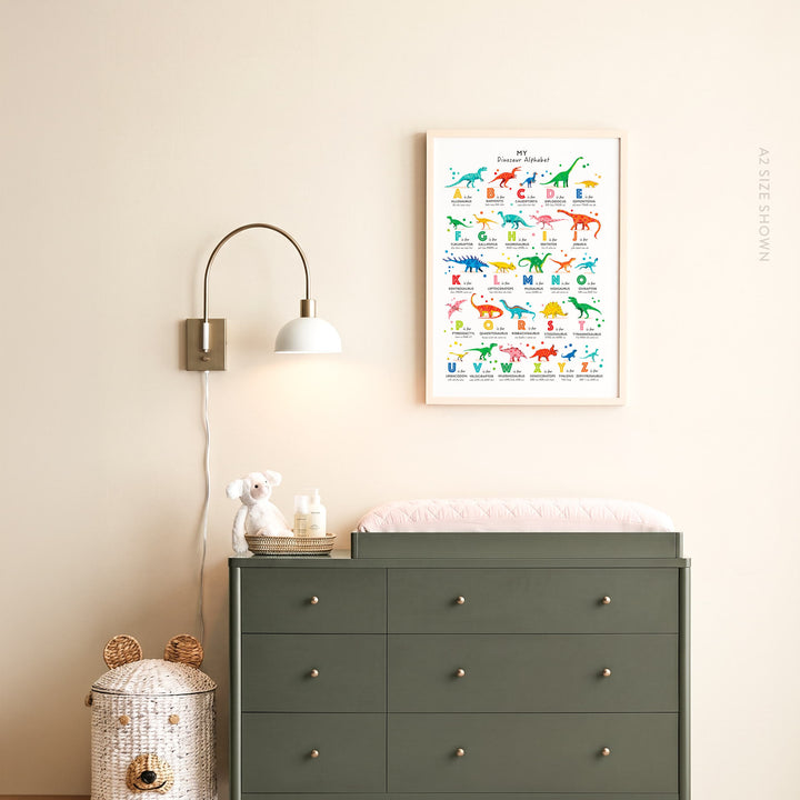 A framed dinosaur educational poster hangs on a beige wall above a dark green dresser in a styled nursery setting, with a wall lamp, small decor items, and a patterned storage container.