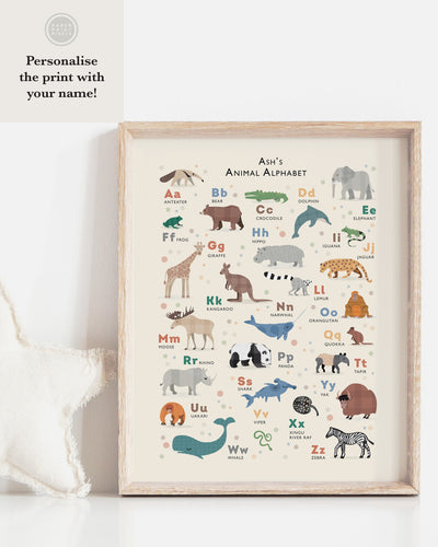 A personalized version of the Animal Alphabet print, with the child's name 'Ash' included at the top, indicating the customizable feature of adding a name to the print for a unique touch