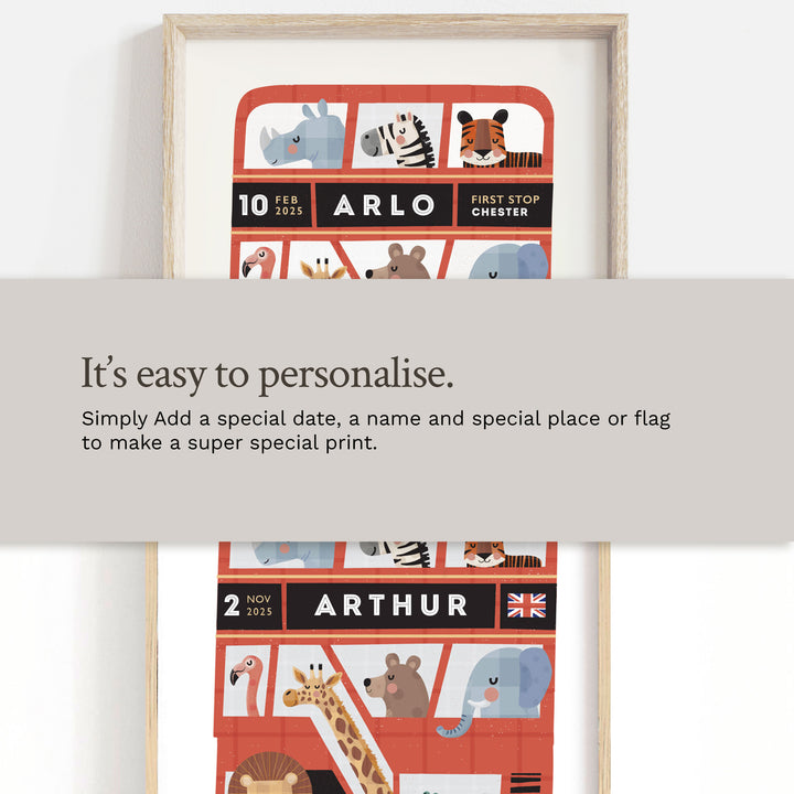 Personalised London Bus Print‚ Custom Kids Poster | Red Double Decker Bus Wall Art