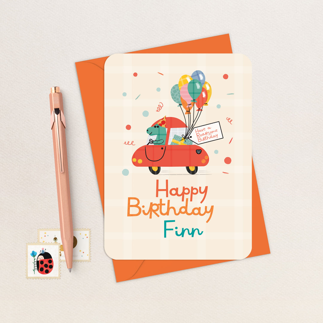 Personalised Dinosaur Birthday Card, Dino Driving a Car Kids Birthday Card