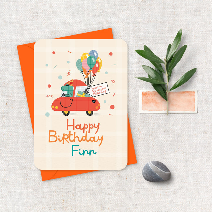 Personalised Dinosaur Birthday Card, Dino Driving a Car Kids Birthday Card