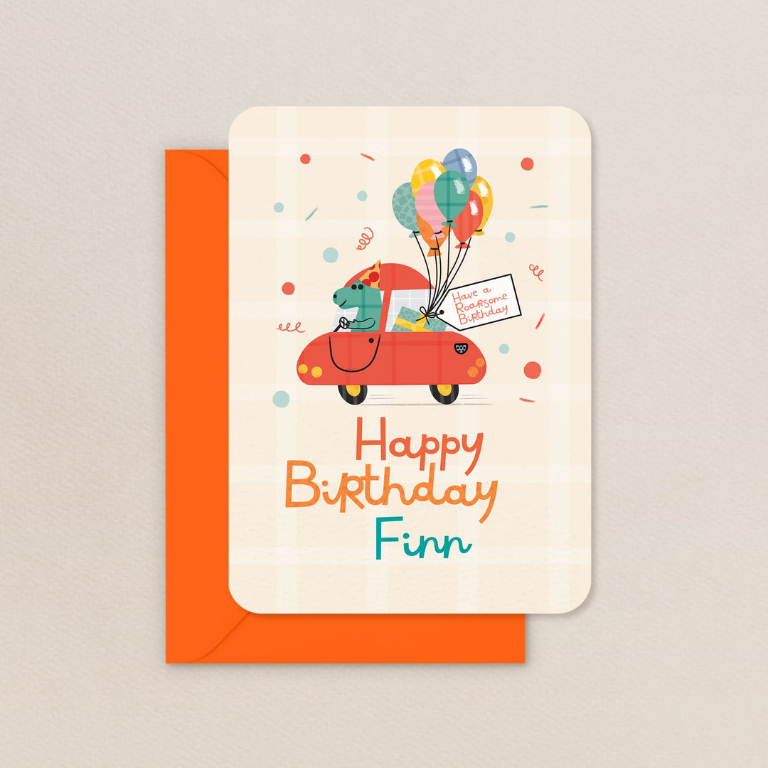 Personalised Dinosaur Birthday Card, Dino Driving a Car Kids Birthday Card