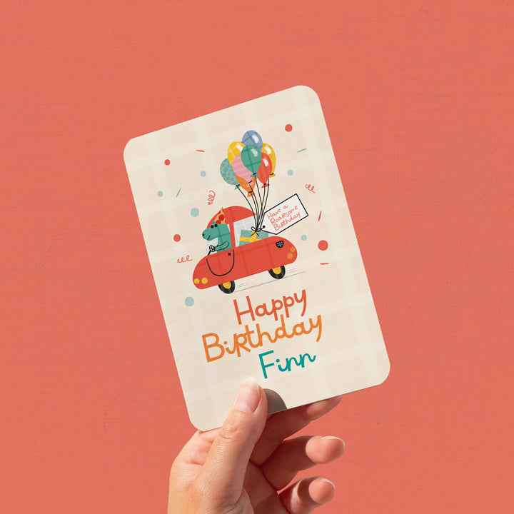 Personalised Dinosaur Birthday Card, Dino Driving a Car Kids Birthday Card