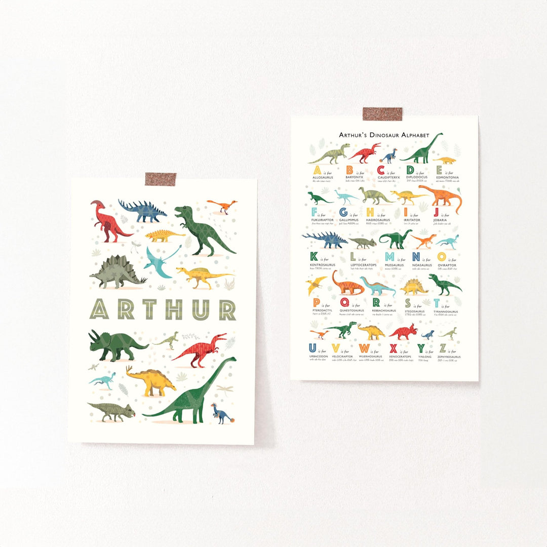 Personalised Dinosaur Alphabet Print Set| Custom Name Kids Wall Art - PaperPaintPixels