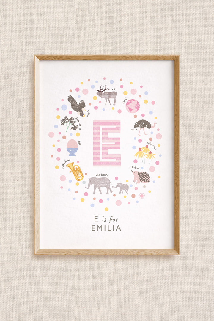 Pink Personalised Initial Letter E Print | Whimsical Nursery Wall Art