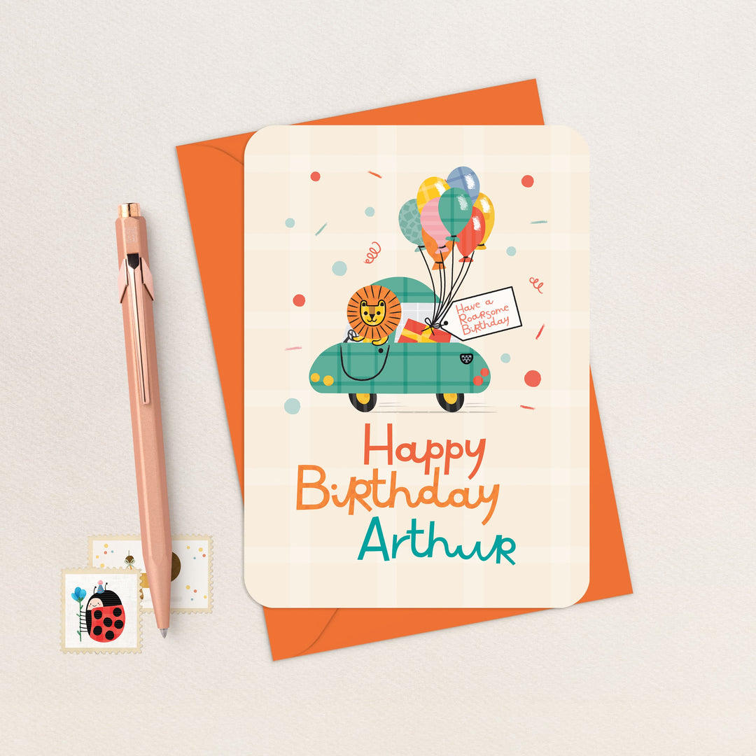 Personalised Lion Birthday Card, Lion Driving a Car Kids Birthday Card
