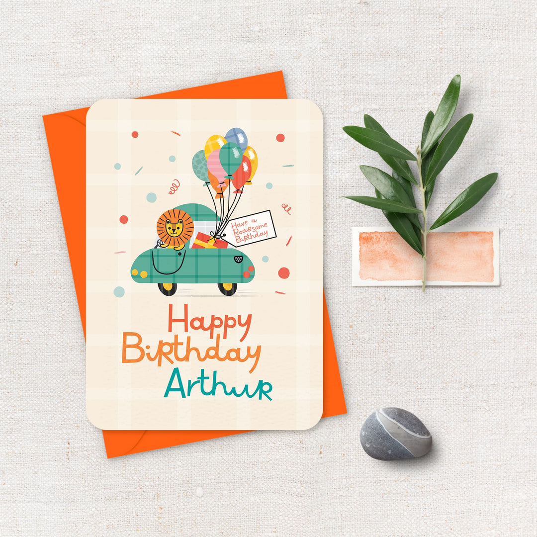 Personalised Lion Birthday Card, Lion Driving a Car Kids Birthday Card