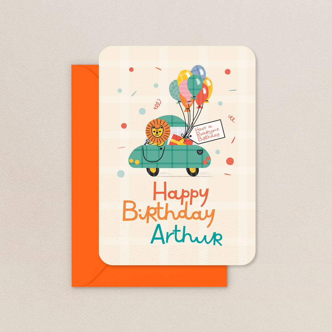 Personalised Lion Birthday Card, Lion Driving a Car Kids Birthday Card