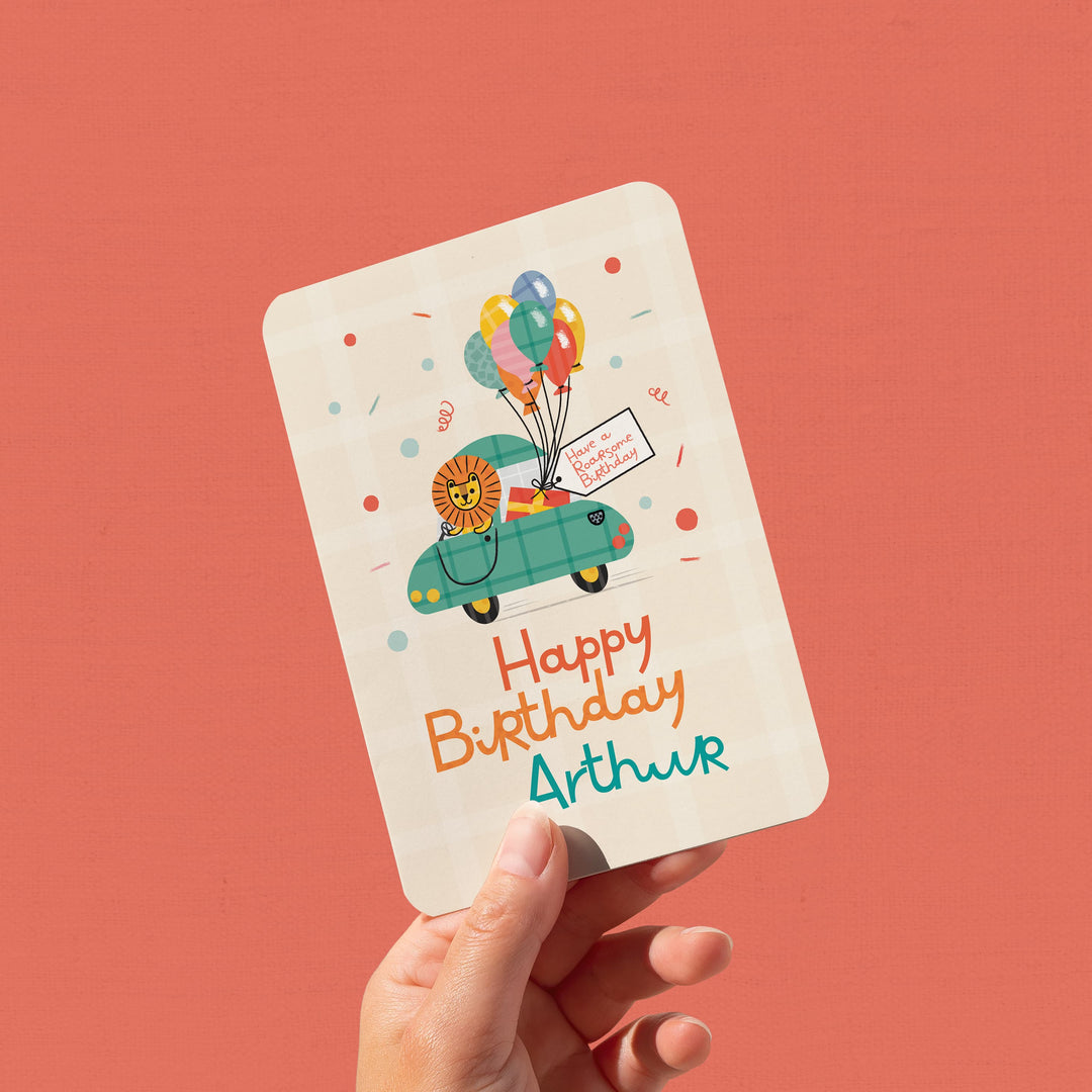 Personalised Lion Birthday Card, Lion Driving a Car Kids Birthday Card