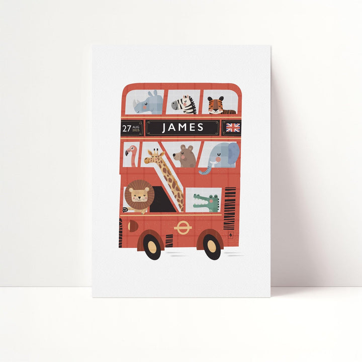 Personalised London Bus Print – Custom Kids Poster | Red Double Decker Bus Wall Art - PaperPaintPixels