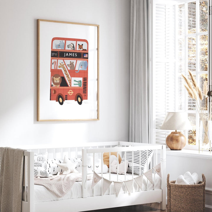 Personalised London Bus Print – Custom Kids Poster | Red Double Decker Bus Wall Art - PaperPaintPixels